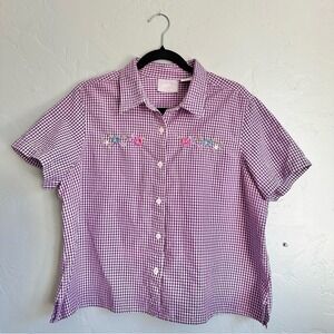 Vintage 80's Blair Cottagecore Purple Gingham Floral Embroidered Shirt EUC